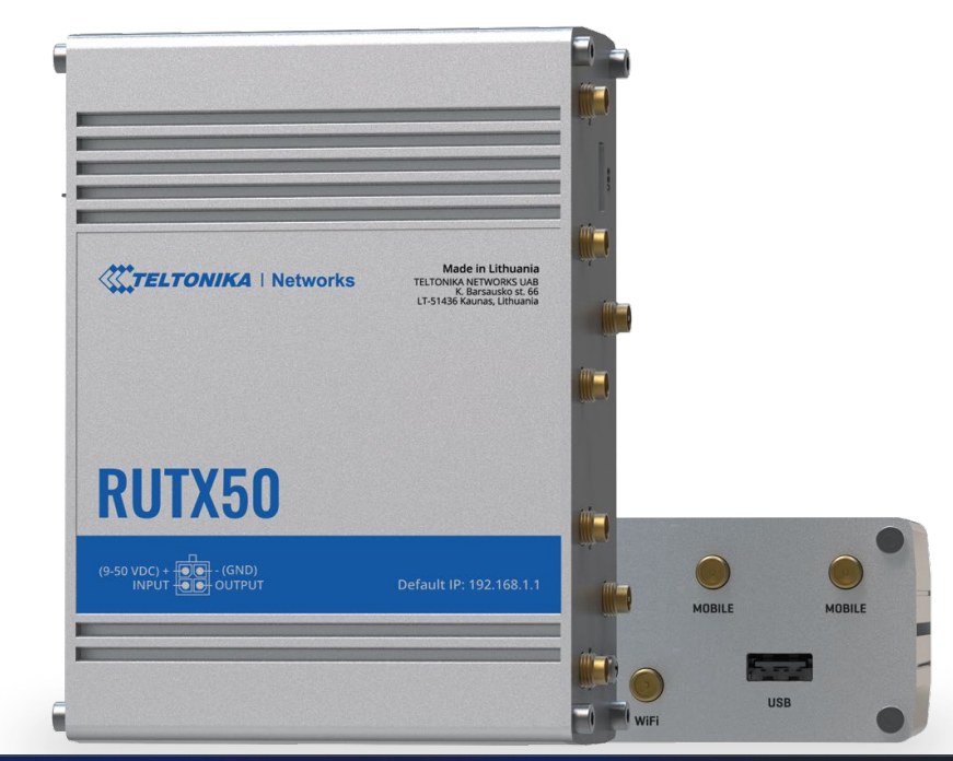 TELTONIKA Router  5G Sub-6Ghz SA/NSA 2.1/3.3Gbps DL (4x4 MIMO), 900/600 Mbps UL (2x2); 4G (LTE) – LTE Cat 20 2.0Gbps DL, 200Mbps UL; 3G – 42 Mbps DL, 5.76Mbps UL [RUTX50]